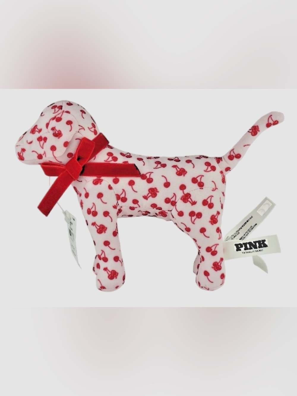 Victoria Secret - Pink Adorable Cherry Print Plush Dog with Red Bow